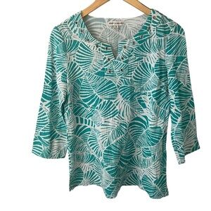 Rebecca Malone Tropical Leaf Print Top Crinkled Grommet Detail Teal White S